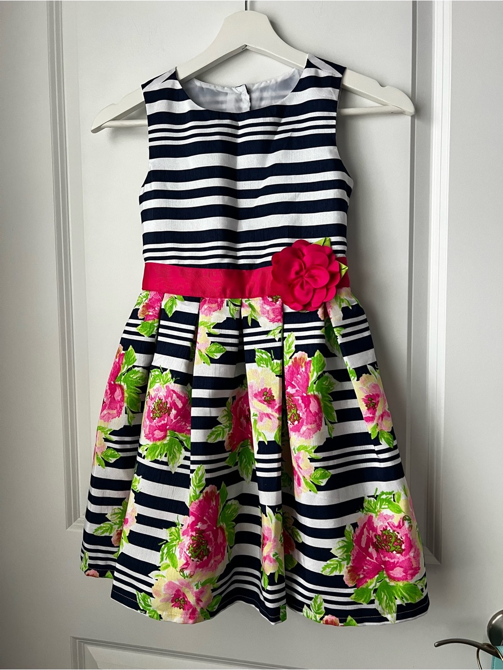 Tona Michelle Navy and White Striped Dress with Hot Pink Floral Waistband